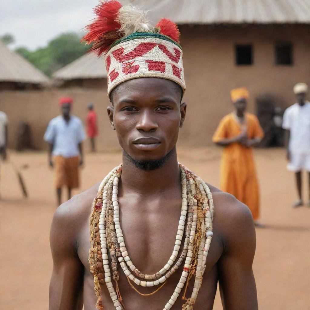 A youthful Nigerian during a traditional initiation into manhood ceremony, proudly showcasing cultural outfit, surrounded by vibrant African ceremonial items.