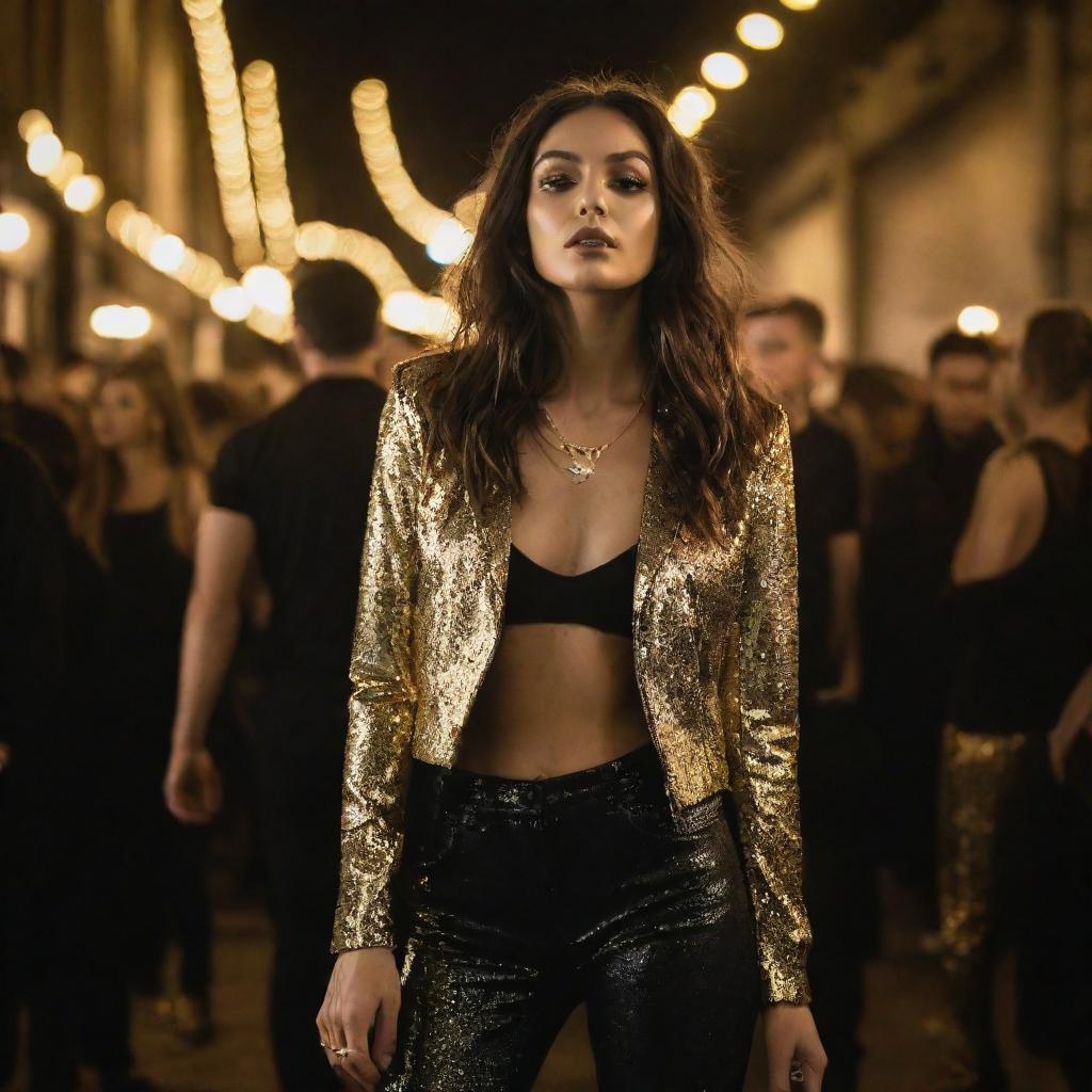 Fashion-forward individuals in black and gold street style clothing, rave party in background. Gold lights pulsate in rhythm with music, casting a luminescent glow on the stylish crowd creating a chic, urban scene.