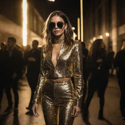 Fashion-forward individuals in black and gold street style clothing, rave party in background. Gold lights pulsate in rhythm with music, casting a luminescent glow on the stylish crowd creating a chic, urban scene.