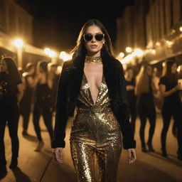 Fashion-forward individuals in black and gold street style clothing, rave party in background. Gold lights pulsate in rhythm with music, casting a luminescent glow on the stylish crowd creating a chic, urban scene.