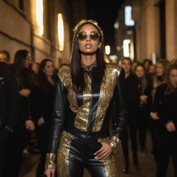 Fashion-forward individuals in black and gold street style clothing, rave party in background. Gold lights pulsate in rhythm with music, casting a luminescent glow on the stylish crowd creating a chic, urban scene.