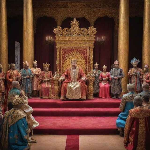 The king's court, filled with diverse people in vibrant clothing, eagerly seeking audience with the charismatic king seated on his grand throne, in a backdrop of grandeur and regality.