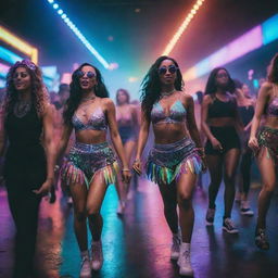 Fashionable attendees at a rave party, dressed in trendsetting street style. Captured in a dynamic, realistic scene filled with multicolor lights, dancing figures, and high-energy vibes.