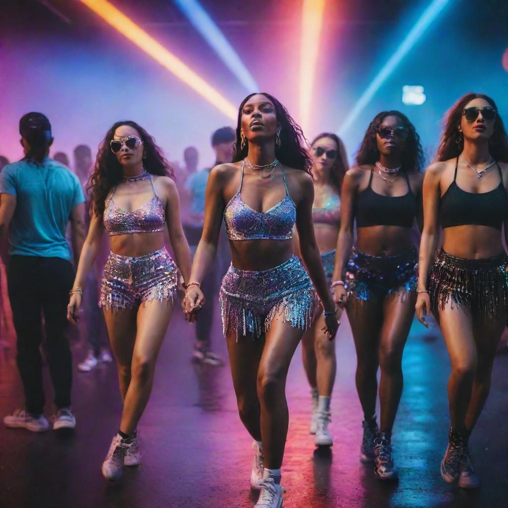 Fashionable attendees at a rave party, dressed in trendsetting street style. Captured in a dynamic, realistic scene filled with multicolor lights, dancing figures, and high-energy vibes.