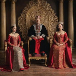 The King's court, seeming more vibrant with the presence of two humble women. They stand out amongst the opulence, engaged in a sincere discourse with the King seated on his grand throne.