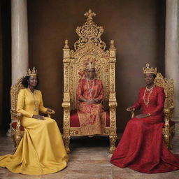 The King's court, seeming more vibrant with the presence of two humble women. They stand out amongst the opulence, engaged in a sincere discourse with the King seated on his grand throne.