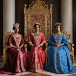 The King's court, seeming more vibrant with the presence of two humble women. They stand out amongst the opulence, engaged in a sincere discourse with the King seated on his grand throne.