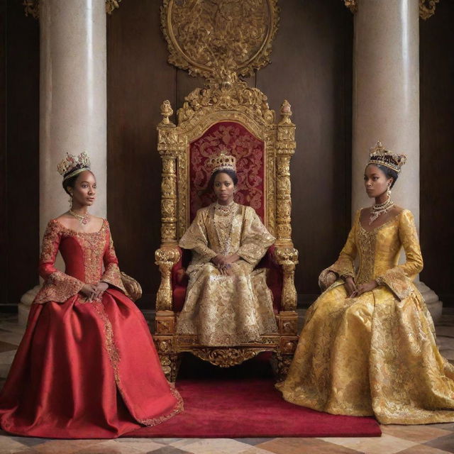 The King's court, seeming more vibrant with the presence of two humble women. They stand out amongst the opulence, engaged in a sincere discourse with the King seated on his grand throne.