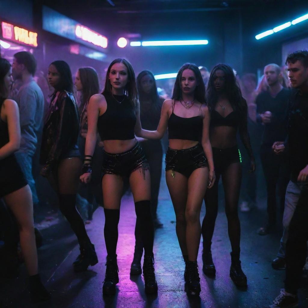 Hyper-realistic depiction of a dark rave party. Cool individuals in striking street style outfits are dancing and mingling, the low, neon lights giving the scene an edgy, underground atmosphere.