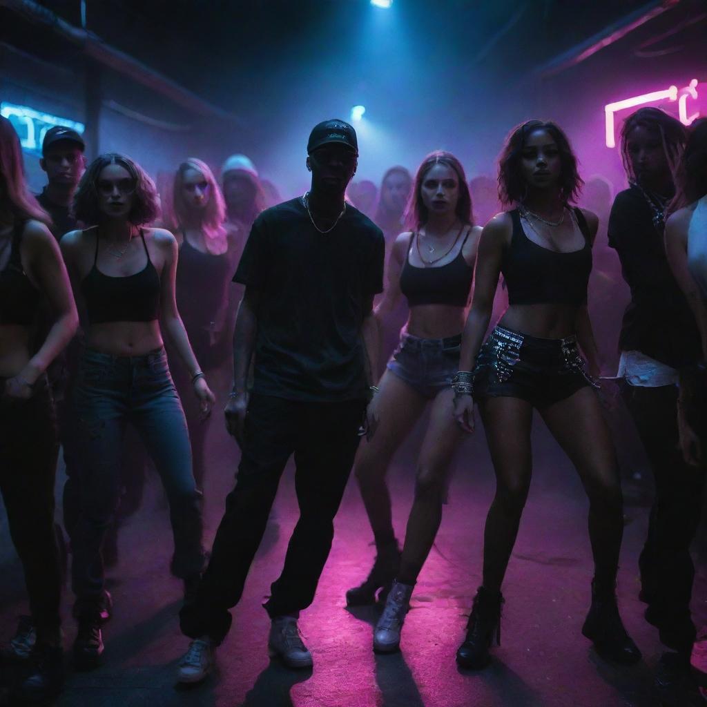 Hyper-realistic depiction of a dark rave party. Cool individuals in striking street style outfits are dancing and mingling, the low, neon lights giving the scene an edgy, underground atmosphere.