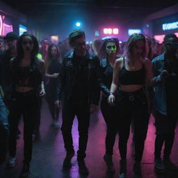 Hyper-realistic depiction of a dark rave party. Cool individuals in striking street style outfits are dancing and mingling, the low, neon lights giving the scene an edgy, underground atmosphere.