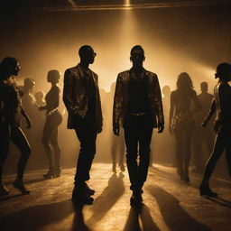 An ultra-realistic image of a lavish, dark rave party. The scene is filled with fashionable individuals in street style attire, absorbed in dance. Golden lights create a dynamic interplay of shadows and highlights, enhancing the luxurious atmosphere.