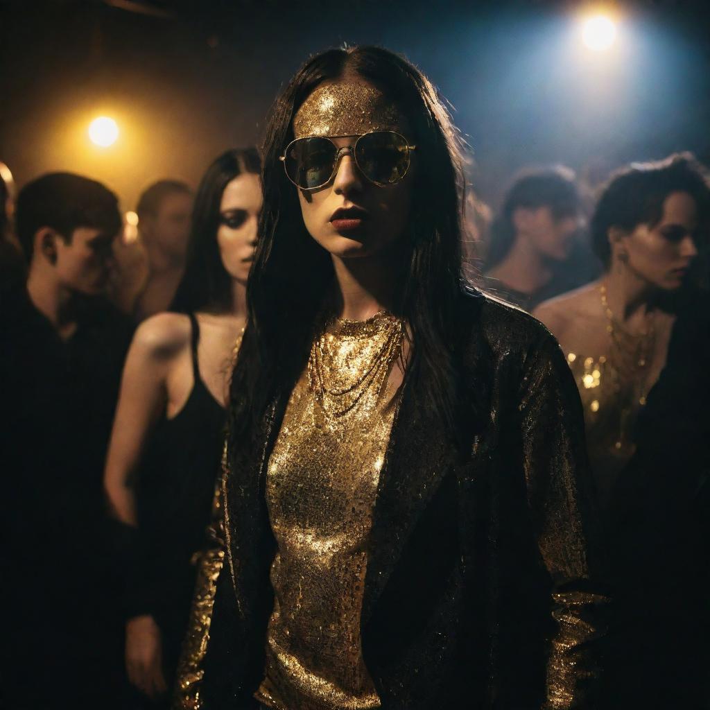 A deeply realistic, dark rave party teeming with stylish individuals dressed in street style attire. The elusive gleam of gold light enhances the sumptuous ambiance, casting striking shadows and highlights across the scene.