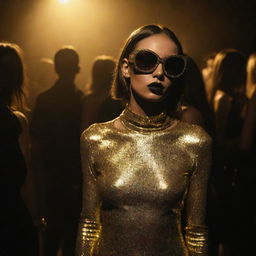 A deeply realistic, dark rave party teeming with stylish individuals dressed in street style attire. The elusive gleam of gold light enhances the sumptuous ambiance, casting striking shadows and highlights across the scene.