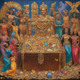 A vibrant tableau representing health wealth and happiness. This includes a fit human figure, a treasure chest full of gold and jewels, and a joyful group of diverse people celebrating.