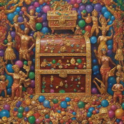 A vibrant tableau representing health wealth and happiness. This includes a fit human figure, a treasure chest full of gold and jewels, and a joyful group of diverse people celebrating.