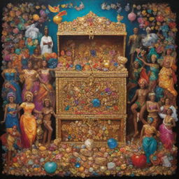 A vibrant tableau representing health wealth and happiness. This includes a fit human figure, a treasure chest full of gold and jewels, and a joyful group of diverse people celebrating.