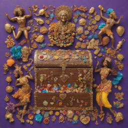 A vibrant tableau representing health wealth and happiness. This includes a fit human figure, a treasure chest full of gold and jewels, and a joyful group of diverse people celebrating.