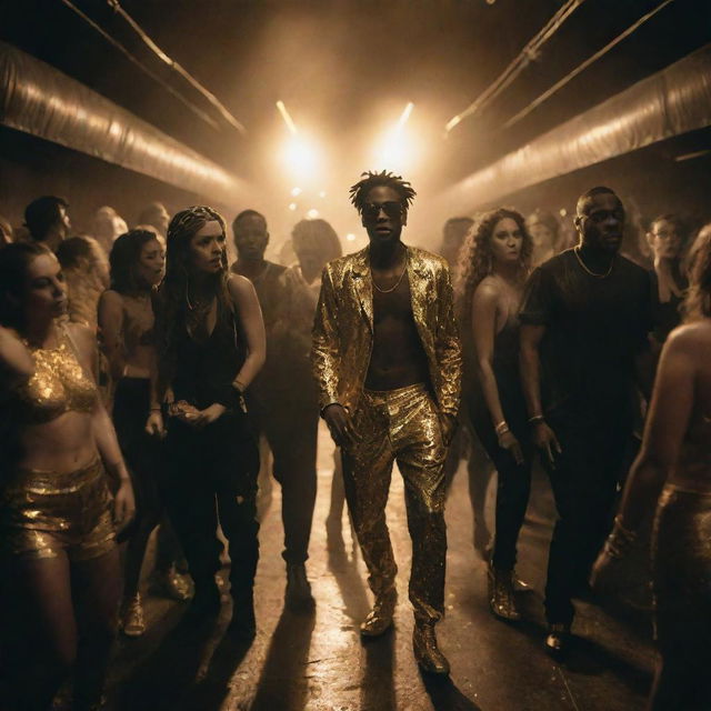 Hyper-realistic image of a dark rave party with cool people dressed in gold-accented street style. The scene is lit by occasional golden bursts, accentuating the energetic dancing and creating a luxurious, underground atmosphere.