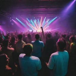 A vibrant rave party in a spacious warehouse. A crowd immersed in dancing under dynamic multicolored lights and lasers, with a DJ at the helm, orchestrating the exuberant atmosphere.