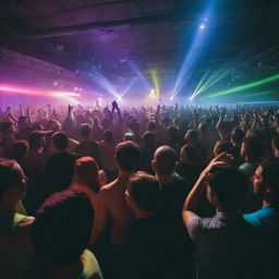 A vibrant rave party in a spacious warehouse. A crowd immersed in dancing under dynamic multicolored lights and lasers, with a DJ at the helm, orchestrating the exuberant atmosphere.