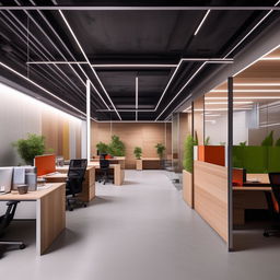 Architectural design of a 1000 sq ft office space with 3 private cabins, 15 staff workstations, a pantry, 2 bathrooms, and a reception area, modern and spacious.