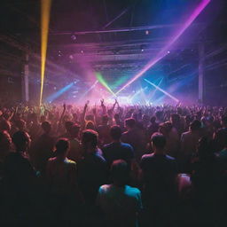 A vibrant rave party in a spacious warehouse. A crowd immersed in dancing under dynamic multicolored lights and lasers, with a DJ at the helm, orchestrating the exuberant atmosphere.