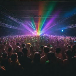 A vibrant rave party in a spacious warehouse. A crowd immersed in dancing under dynamic multicolored lights and lasers, with a DJ at the helm, orchestrating the exuberant atmosphere.