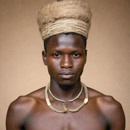 Create a sketch image of a young man from Afemai Land, Nigeria, wearing a traditional initiation into manhood ceremony attire.