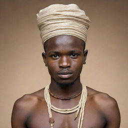 Create a sketch image of a young man from Afemai Land, Nigeria, wearing a traditional initiation into manhood ceremony attire.