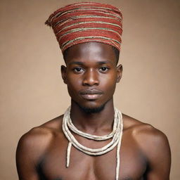 Create a sketch image of a young man from Afemai Land, Nigeria, wearing a traditional initiation into manhood ceremony attire.