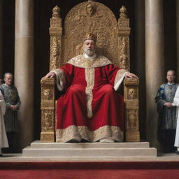 A stern king proclaiming a judgement from his grand throne. The atmosphere in the court is tense, reflecting the gravity of the king's decision.