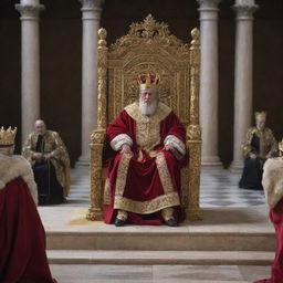 A stern king proclaiming a judgement from his grand throne. The atmosphere in the court is tense, reflecting the gravity of the king's decision.