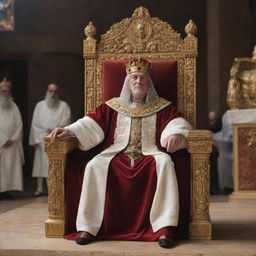 A stern king proclaiming a judgement from his grand throne. The atmosphere in the court is tense, reflecting the gravity of the king's decision.