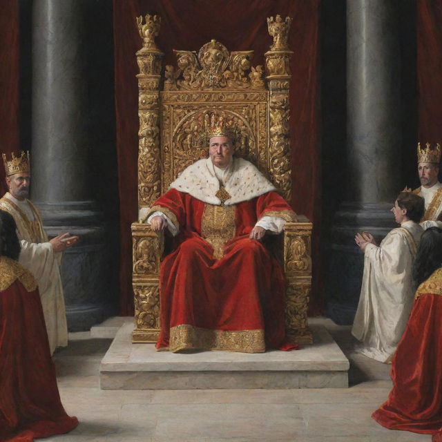 A stern king proclaiming a judgement from his grand throne. The atmosphere in the court is tense, reflecting the gravity of the king's decision.