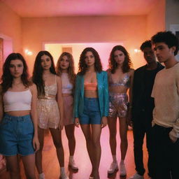 Characters from the TV series 'Euphoria', dressed in their distinctive styles, at an exciting house party. Lights are low and colorful, creating dramatic shadows and adding a surreal touch to the dynamic scene.