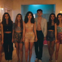 Characters from the TV series 'Euphoria', dressed in their distinctive styles, at an exciting house party. Lights are low and colorful, creating dramatic shadows and adding a surreal touch to the dynamic scene.