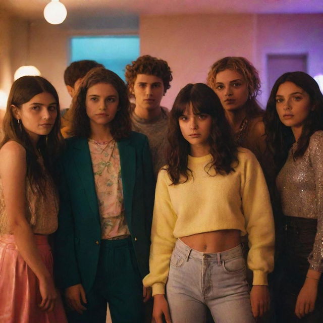 Characters from the TV series 'Euphoria', dressed in their distinctive styles, at an exciting house party. Lights are low and colorful, creating dramatic shadows and adding a surreal touch to the dynamic scene.