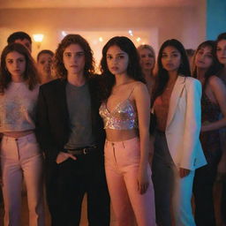 Characters from the TV series 'Euphoria', dressed in their distinctive styles, at an exciting house party. Lights are low and colorful, creating dramatic shadows and adding a surreal touch to the dynamic scene.