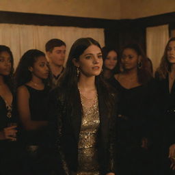 Realistic portrayal of characters from 'Euphoria' at a house party. The room is draped in an aesthetic mix of black and gold lighting, their unique styles highlighted and amplified by the striking contrast.