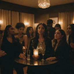 Realistic portrayal of characters from 'Euphoria' at a house party. The room is draped in an aesthetic mix of black and gold lighting, their unique styles highlighted and amplified by the striking contrast.