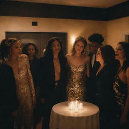 Realistic portrayal of characters from 'Euphoria' at a house party. The room is draped in an aesthetic mix of black and gold lighting, their unique styles highlighted and amplified by the striking contrast.