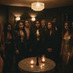 Realistic portrayal of characters from 'Euphoria' at a house party. The room is draped in an aesthetic mix of black and gold lighting, their unique styles highlighted and amplified by the striking contrast.