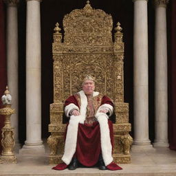 The king, seated on his elaborate throne, boldly announcing a punishment. His demeanor exudes stern authority, imposing silence in the grand court as all attentively listen.
