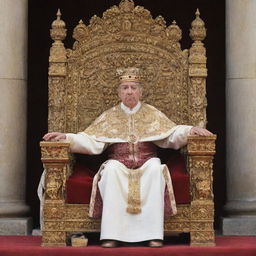 The king, seated on his elaborate throne, boldly announcing a punishment. His demeanor exudes stern authority, imposing silence in the grand court as all attentively listen.