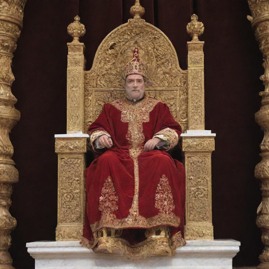 The king, seated on his elaborate throne, boldly announcing a punishment. His demeanor exudes stern authority, imposing silence in the grand court as all attentively listen.