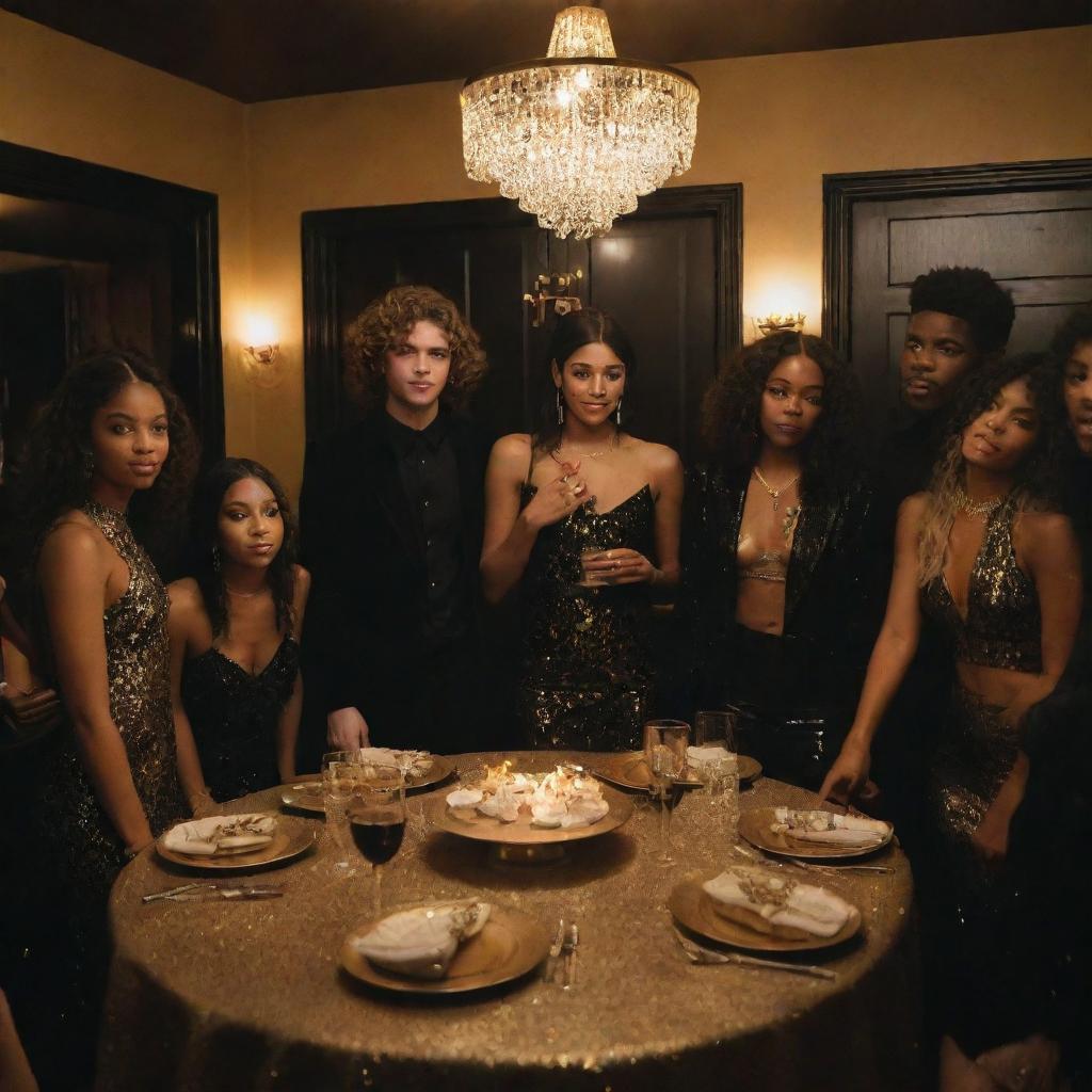 A realistic scene of characters from the TV series 'Euphoria' at a black and gold themed house party. The character's unique styles shine amidst the luxurious contrast of black and glittering gold decor.