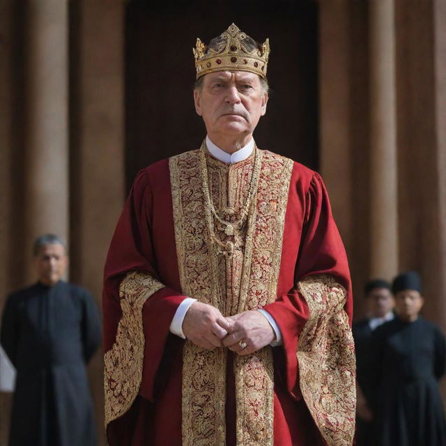 King in royal attire, sternly announcing a punishment before his court. The grandeur of the court contrasts the somber mood hanging in the air.