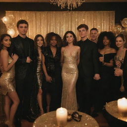 A realistic scene of characters from the TV series 'Euphoria' at a black and gold themed house party. The character's unique styles shine amidst the luxurious contrast of black and glittering gold decor.