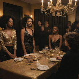 A realistic scene of characters from the TV series 'Euphoria' at a black and gold themed house party. The character's unique styles shine amidst the luxurious contrast of black and glittering gold decor.